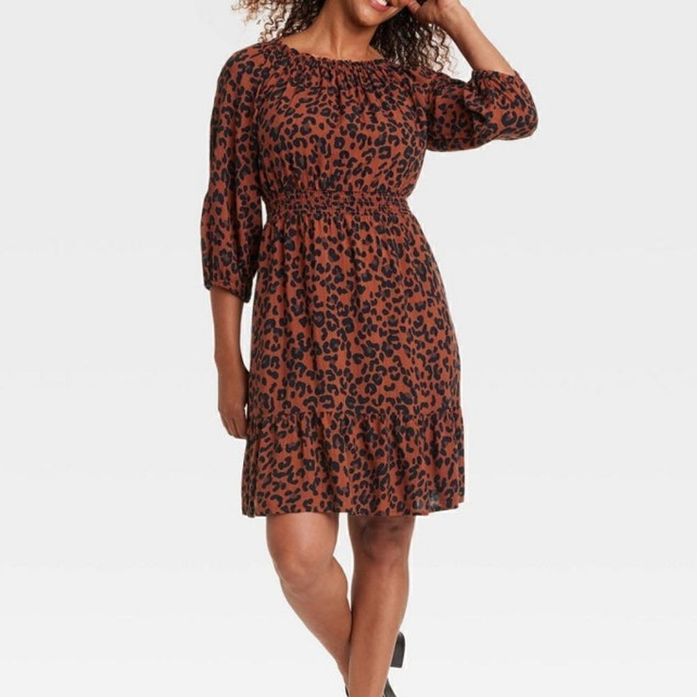 Knox Rose dark brown leopard animal print smocked a-line knee length dress L